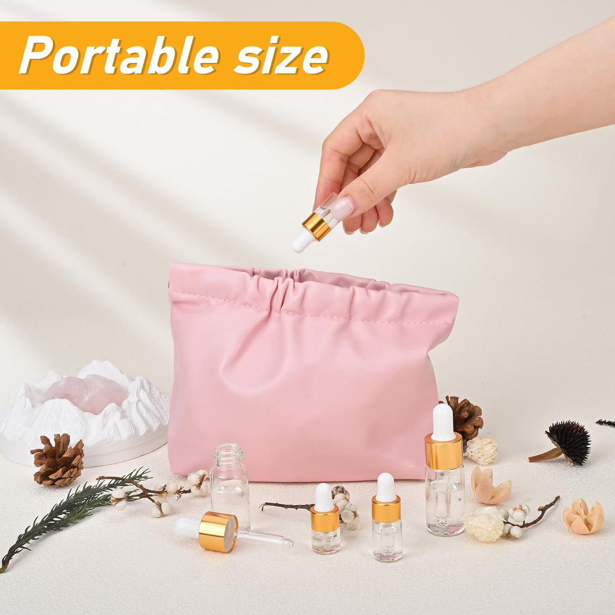 COTOM travel bag scene with mini bottles inside showing organized, spill-free transport