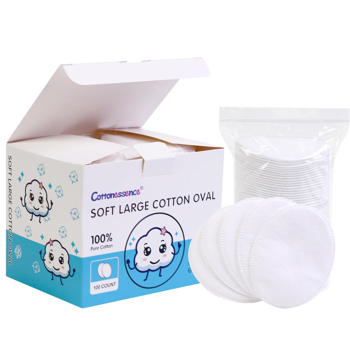 Cottonessence front packaging showing 100-count and product benefits