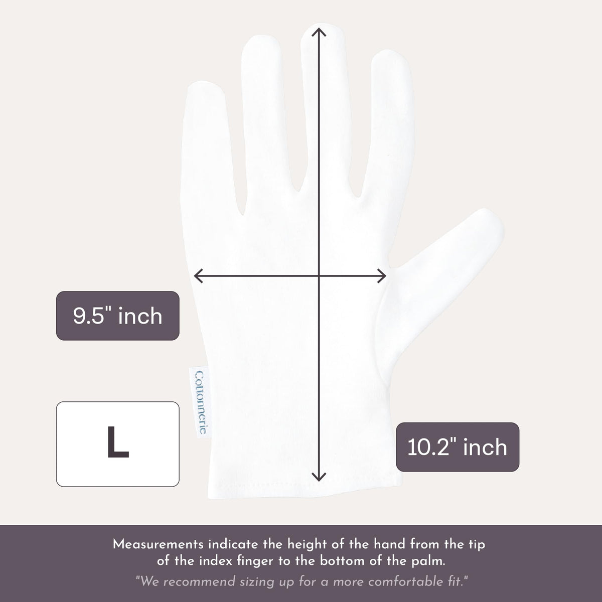 COTTONNERIE gloves on nightstand with lotion, promotes overnight moisturizing routine
