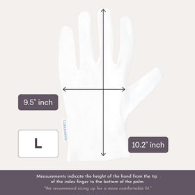 COTTONNERIE gloves on nightstand with lotion, promotes overnight moisturizing routine
