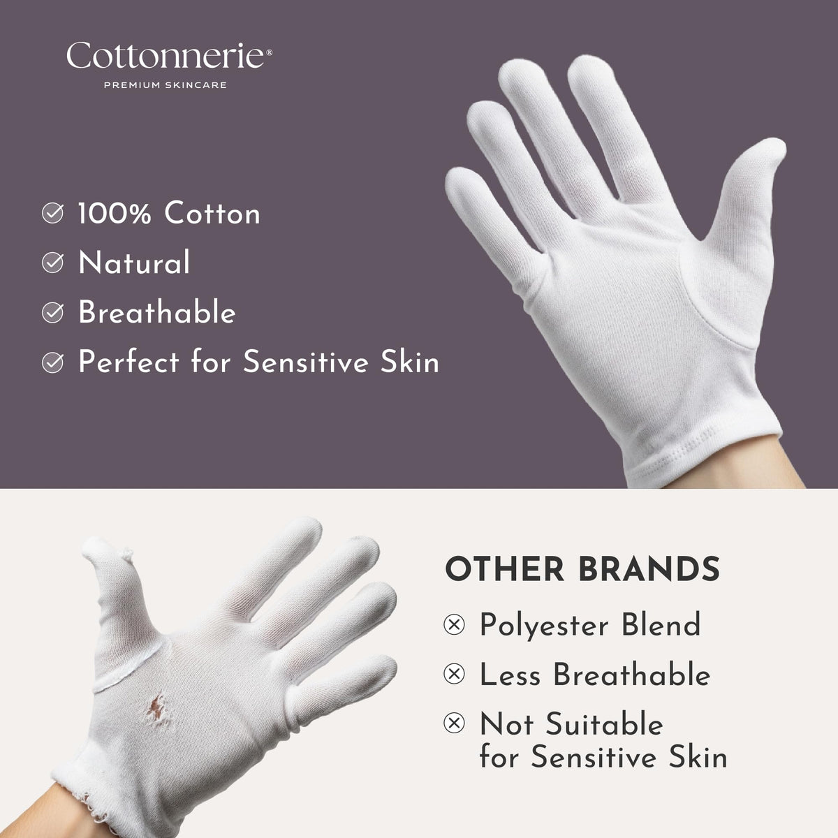 COTTONNERIE gloves worn on hands demonstrating overnight moisture retention