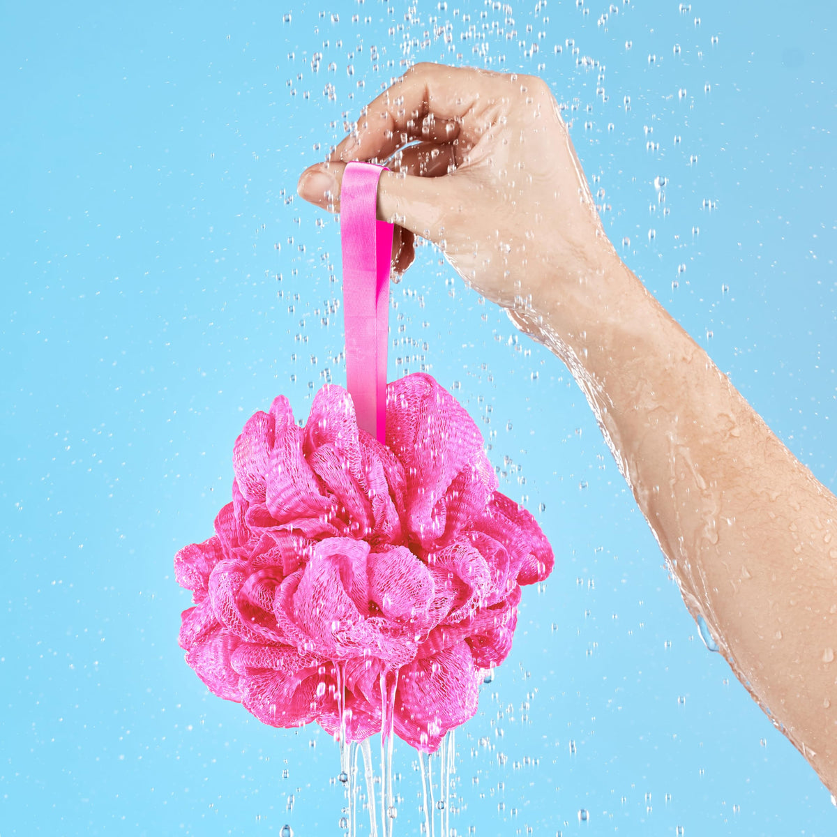 Counterfeit Blonde loofah in a bathroom setting for home spa feel