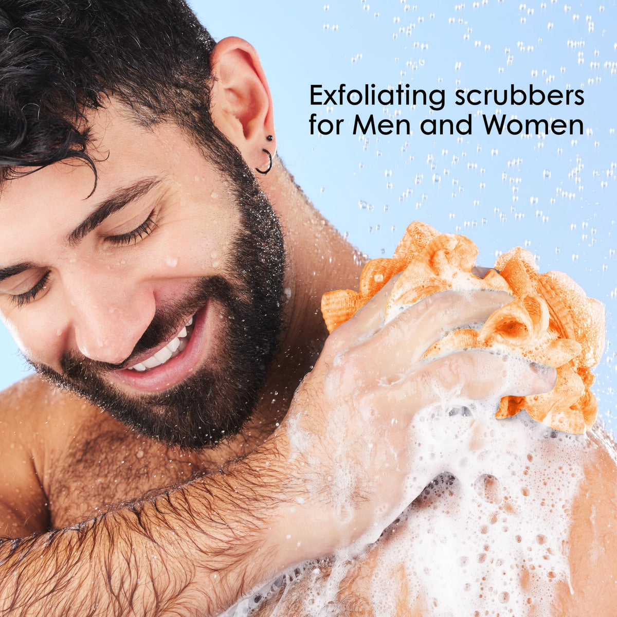 Counterfeit Blonde loofah beside a hand to show compact 60g size