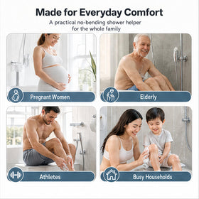 COVEDOT in-use back scrubbing motion showing ergonomic reach advantage