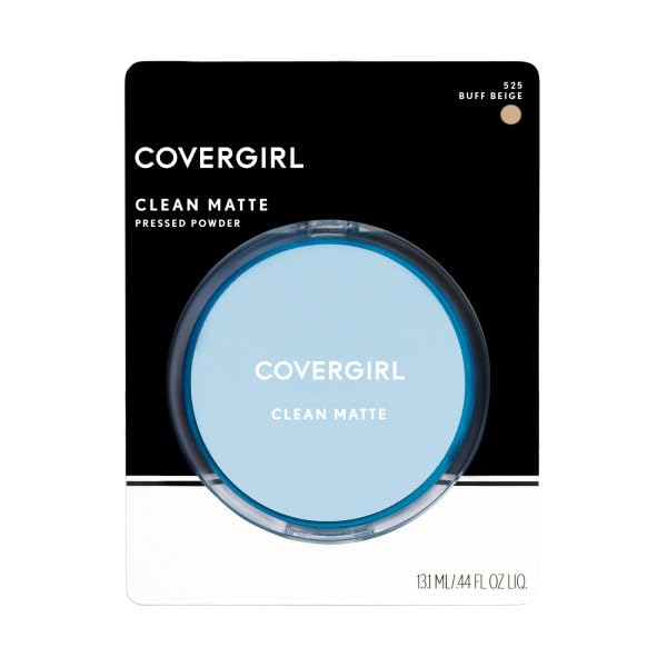 COVERGIRL pressed powder compact front view showing buff beige shade and portable design benefit