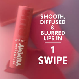 COVERGIRL lip swatch on model showing mauvy-pink blur and natural finish