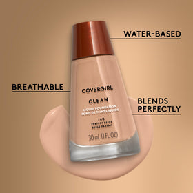 COVERGIRL bottle label detail showing ingredients and clean-beauty claims