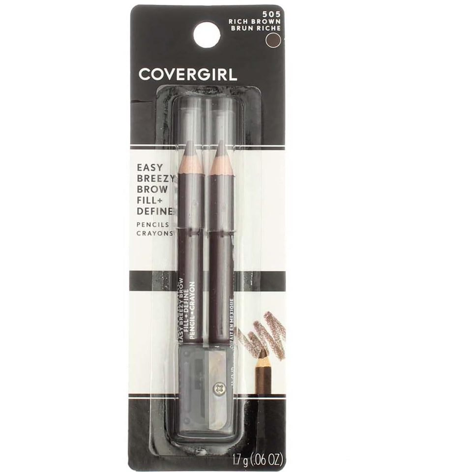 COVERGIRL front packaging showing two brow pencils and sharpener for convenience