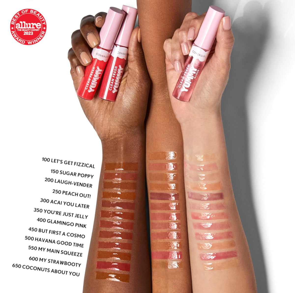 COVERGIRL lip swatch on model showcasing sheer tint and juicy shine benefit