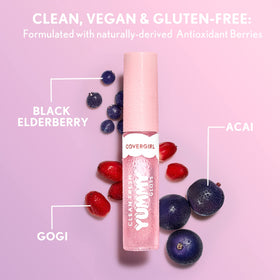 COVERGIRL gloss beside common objects showing 0.33 fl oz size for easy portability