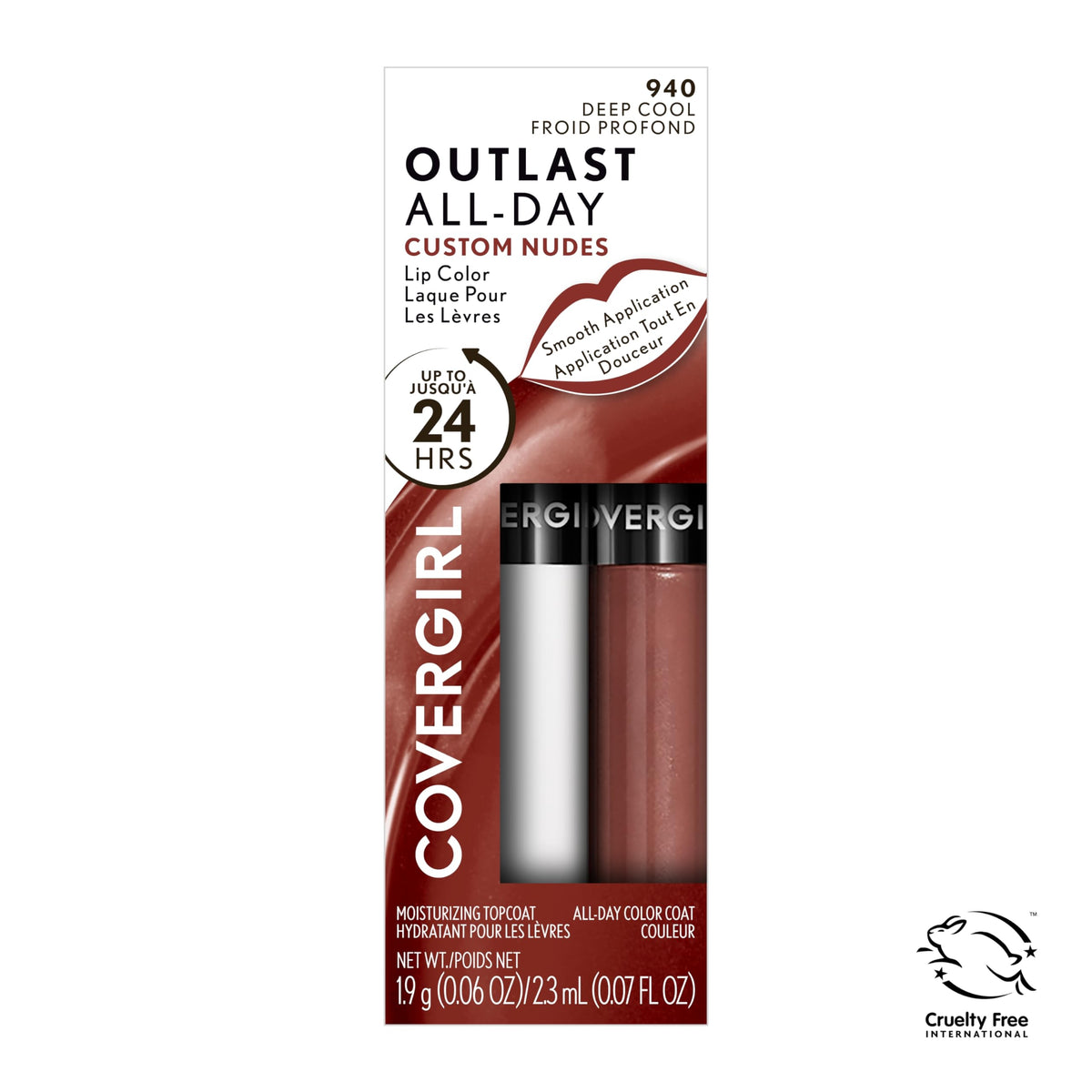 COVERGIRL size comparison with hand to illustrate compact tube and travel-friendly convenience