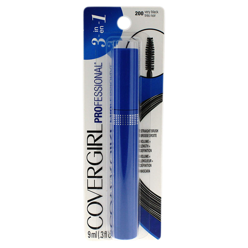 COVERGIRL mascara front packaging showing very black shade and compact tube for long-lasting definition