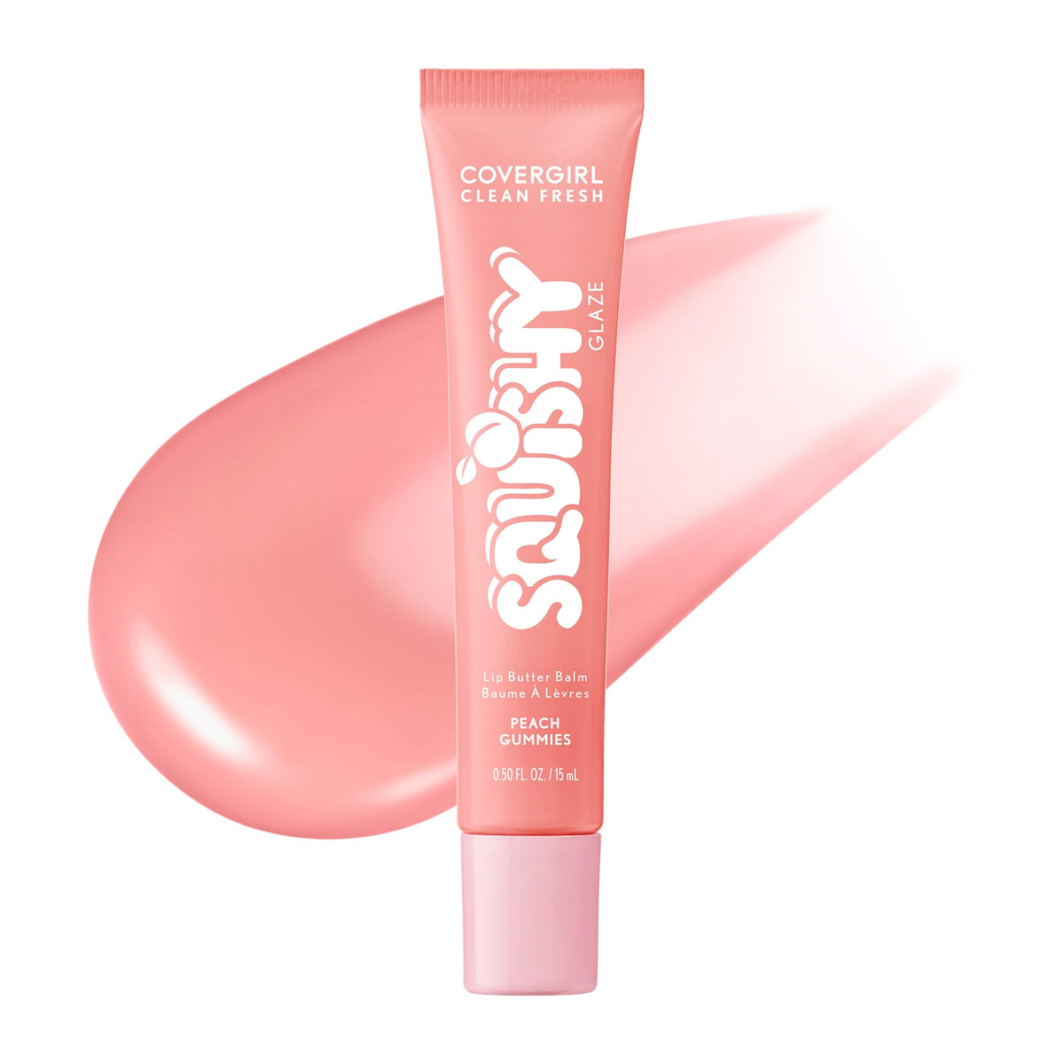COVERGIRL front packaging of Squishy Glaze Lip Butter showing product identity and sheen benefit