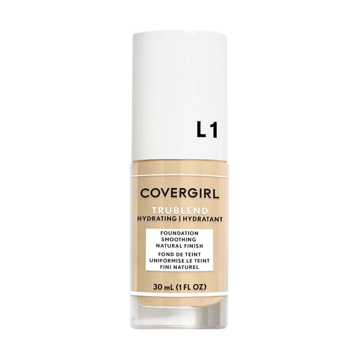 COVERGIRL TruBlend front bottle view showing shade Ivory L1 and benefits