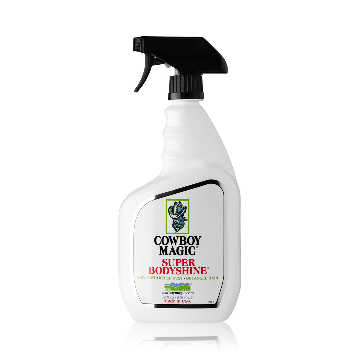 Cowboy Magic 32 fl oz bottle front view showing label and spray nozzle for quick application