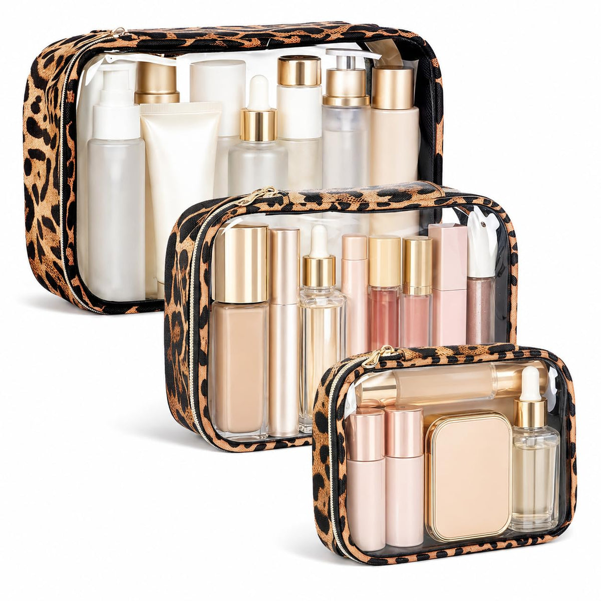 Cozomga three clear pouches displayed, shows TSA-ready organization benefit