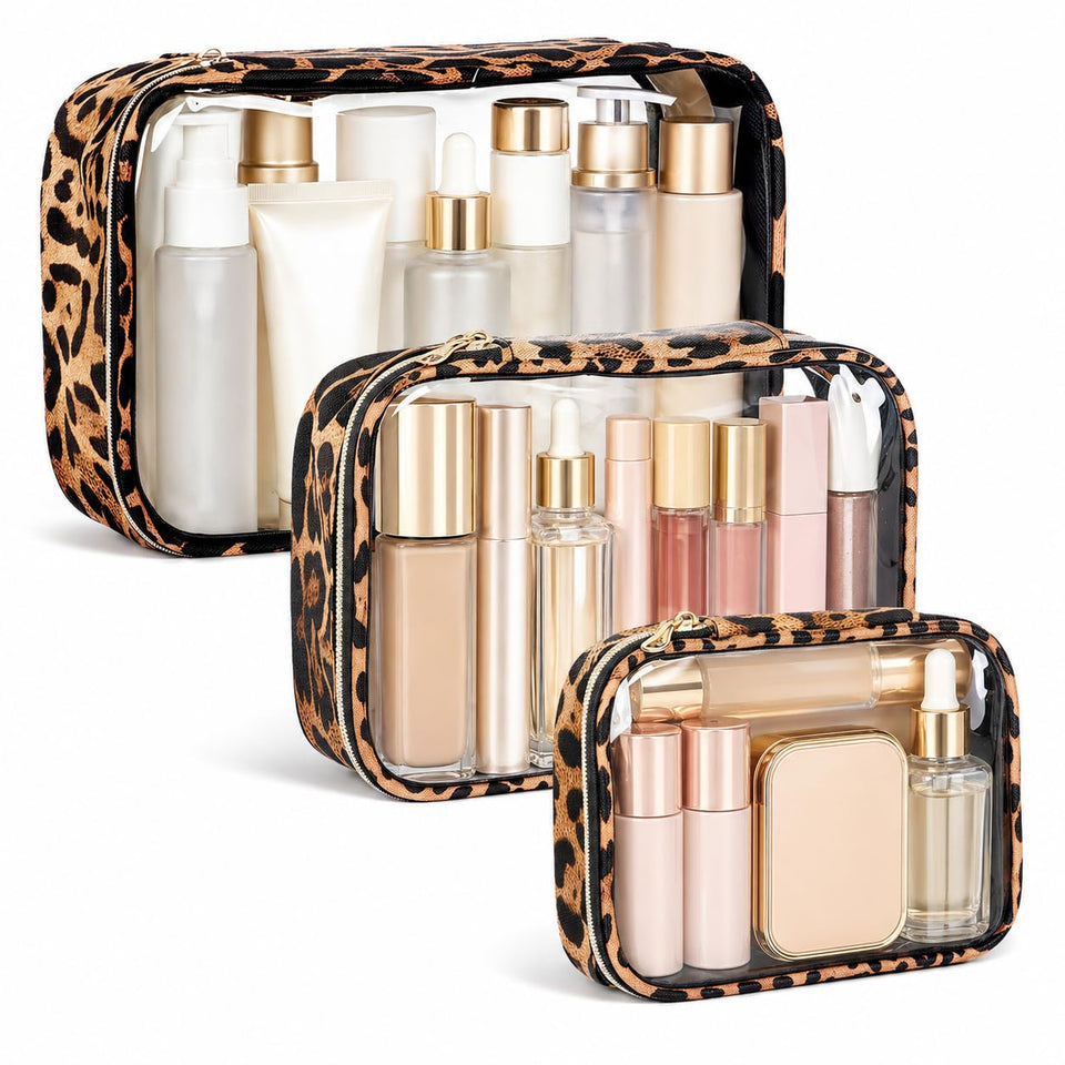 Cozomga three clear pouches displayed, shows TSA-ready organization benefit