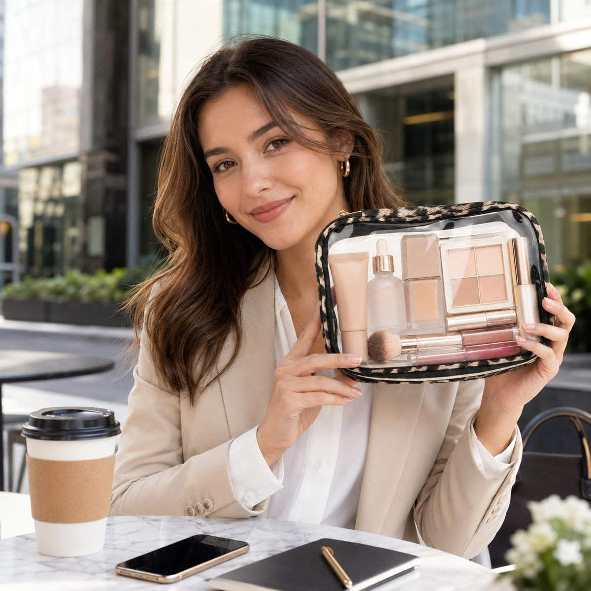 Cozomga large transparent pouch front view, stores full-size cosmetics safely