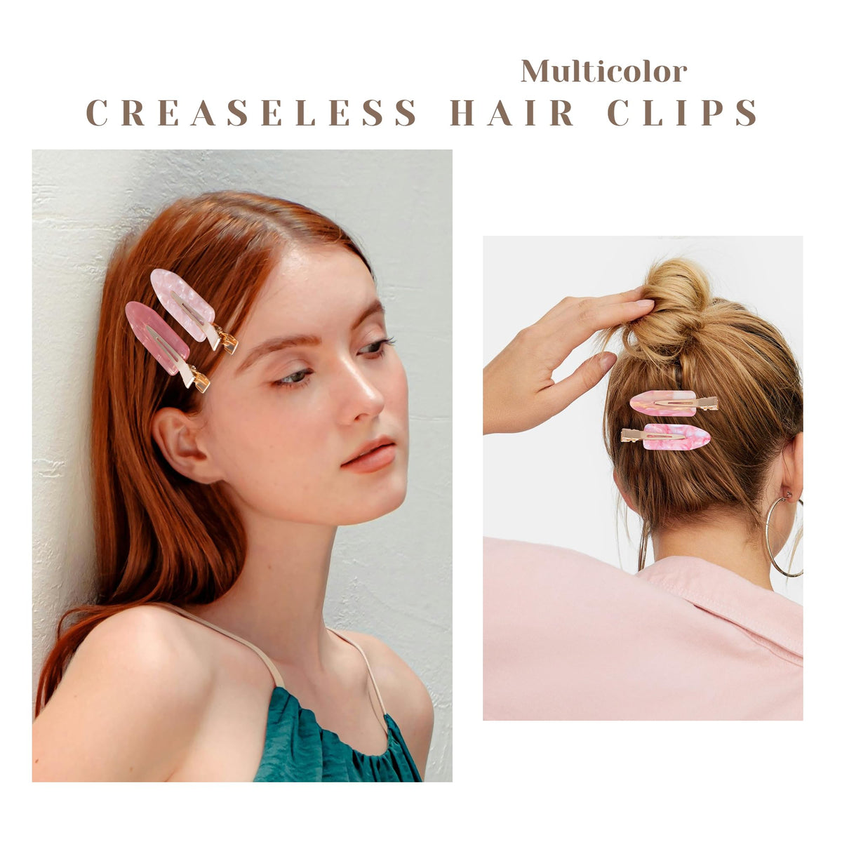 Cptots clips holding long curly hair to demonstrate reliable hold and no dents