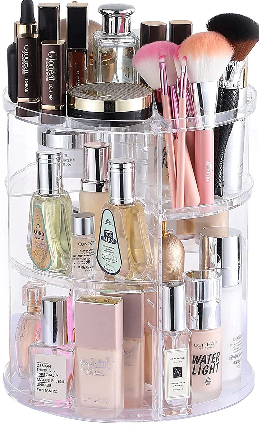 Cq acrylic front view of clear rotating makeup organizer for tidy storage