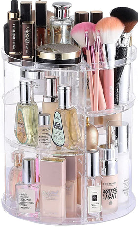 Cq acrylic front view of clear rotating makeup organizer for tidy storage