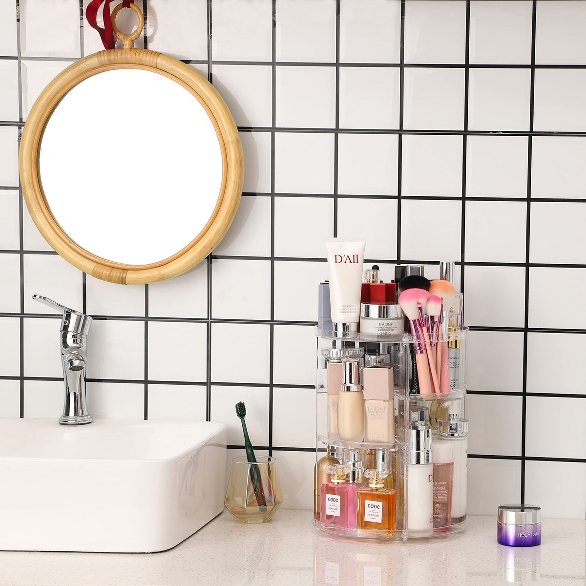 Cq acrylic organizer in use on vanity holding brushes and skincare fast access
