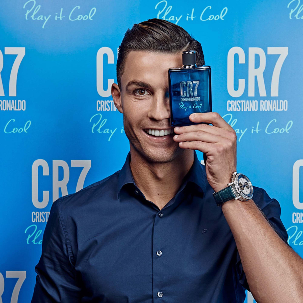 CRISTIANO RONALDO CR7 Play It Cool bottle at an angle highlighting sleek sporty design