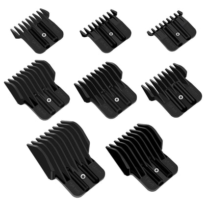 CR8GR8 front view of 8-pack clipper guards showing sizes and black finish for organized storage