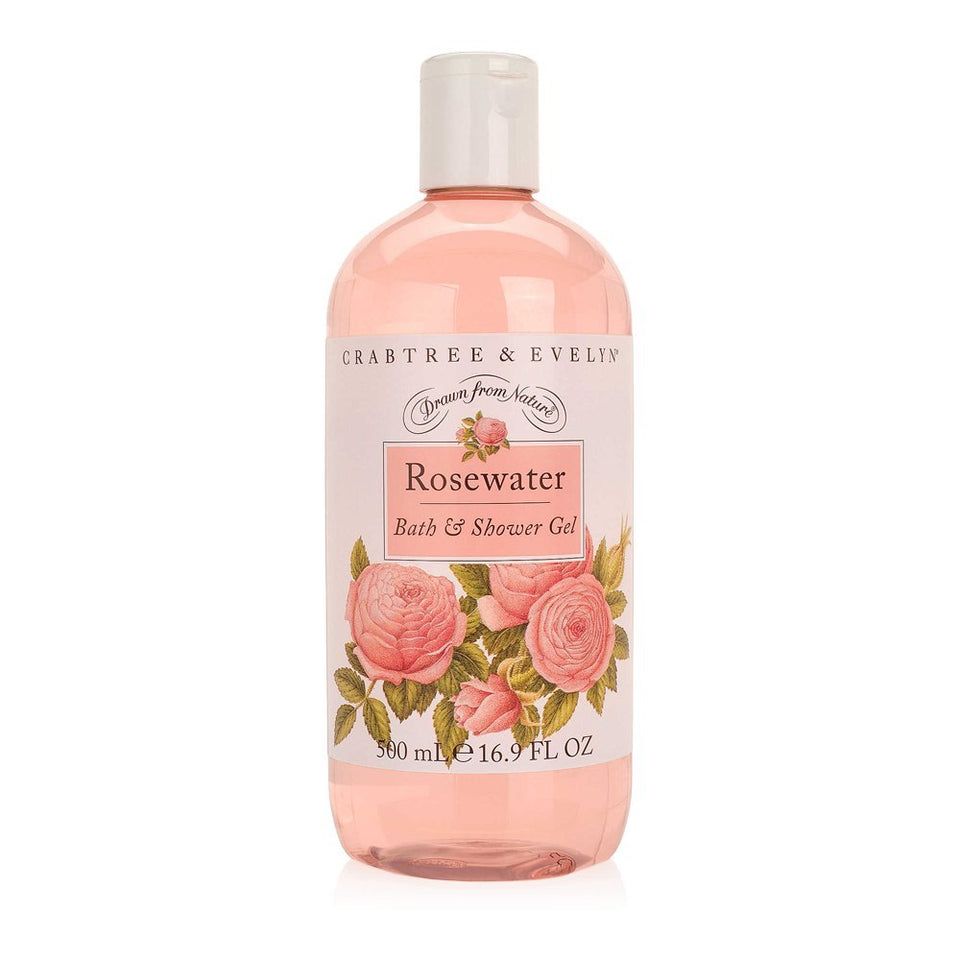 Crabtree & Evelyn front bottle of Rosewater gel showing label and elegant packaging