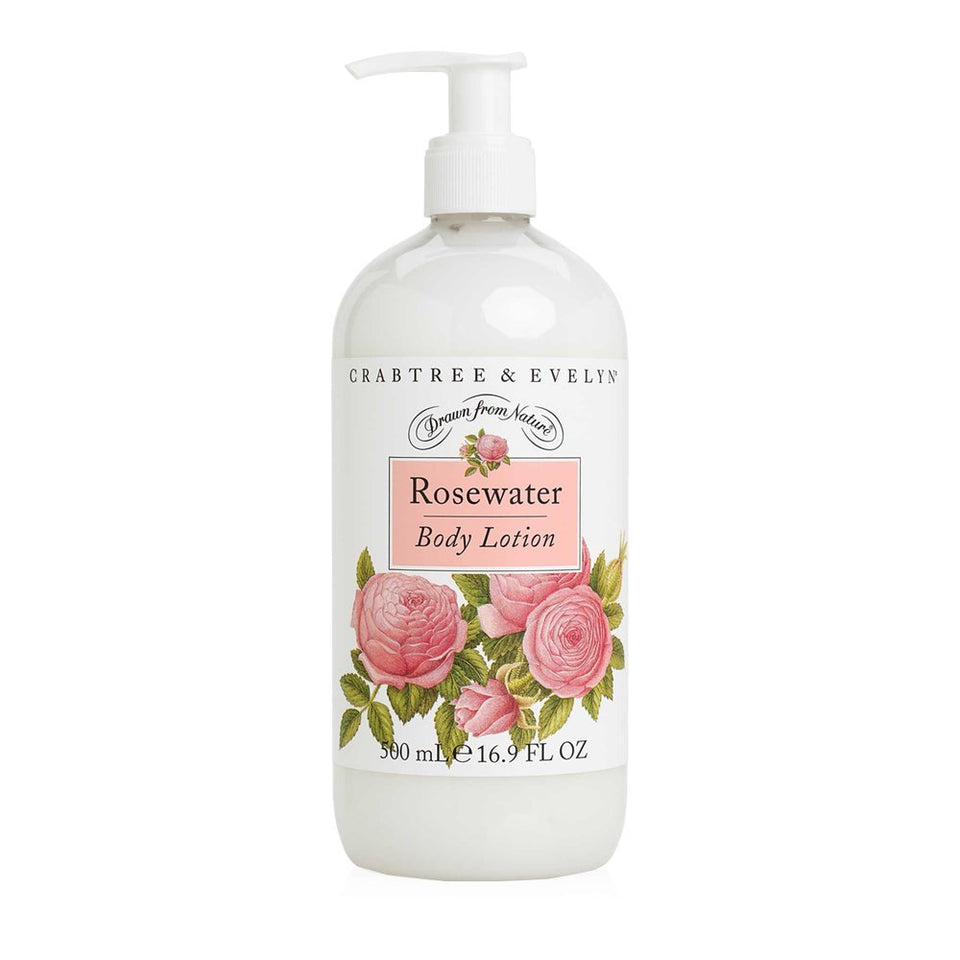 Crabtree & Evelyn front pump bottle showing size and classic rosewater label, easy daily use