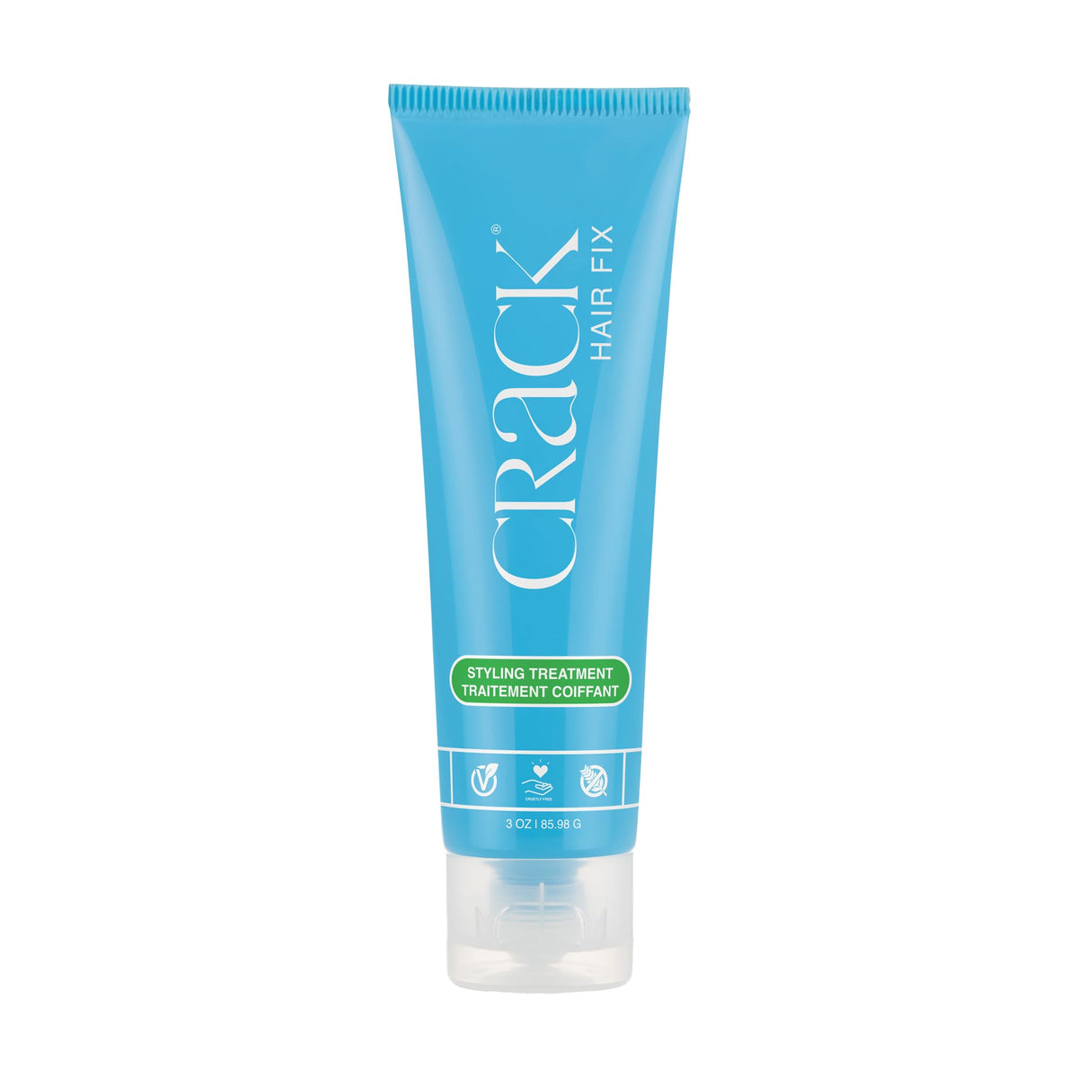 Crack Hair Fix front packaging showing product and benefit of anti-frizz control