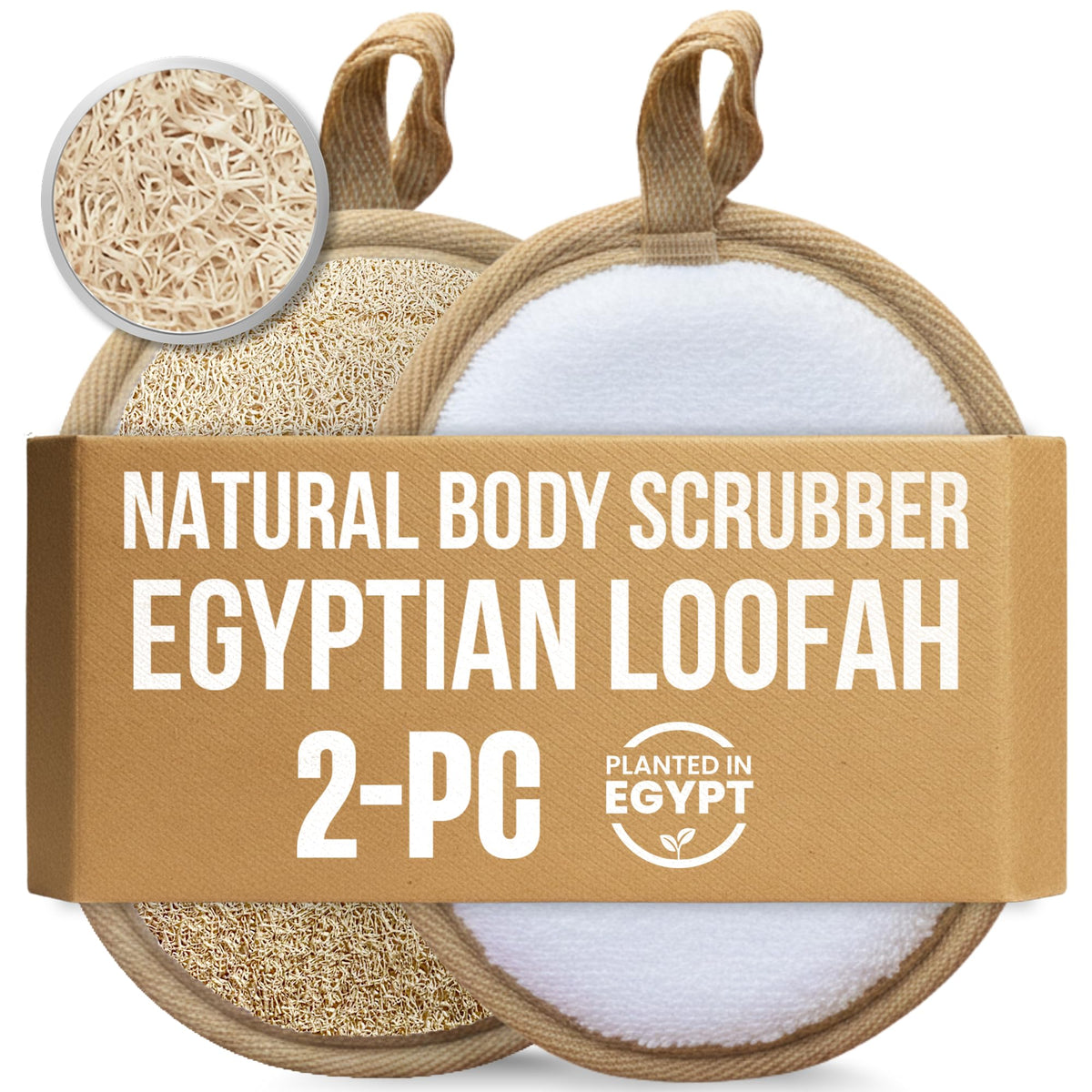 CraftsOfEgypt SERRENTO front packaging showing two beige loofah pads and benefits