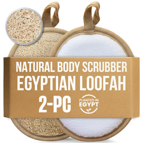 CraftsOfEgypt SERRENTO front packaging showing two beige loofah pads and benefits