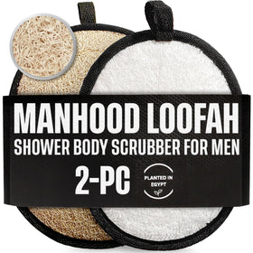 CraftsOfEgypt SERRENTO front view showing black and white loofahs and packaging benefit: ready-to-use set