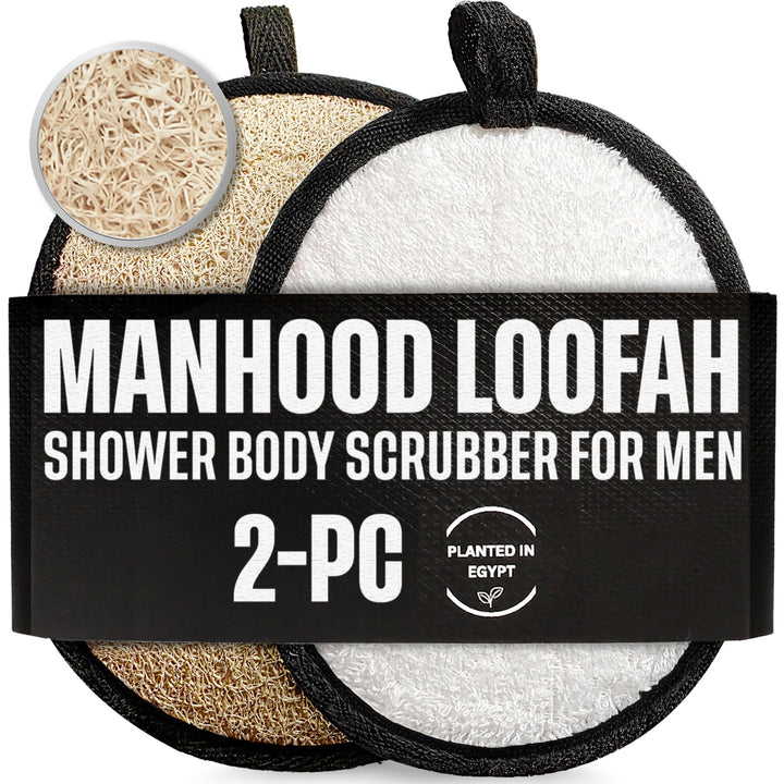 CraftsOfEgypt SERRENTO front view showing black and white loofahs and packaging benefit: ready-to-use set