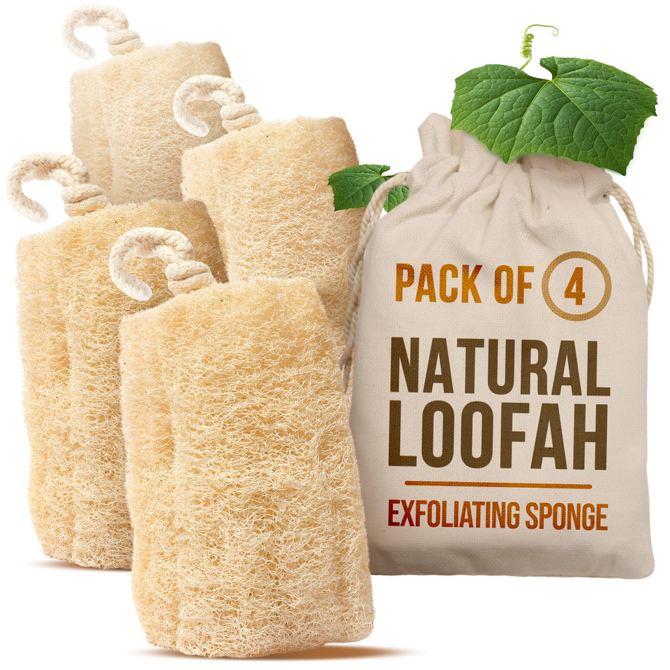 CraftsOfEgypt SERRENTO front pack view showing four loofah sponges and eco benefits
