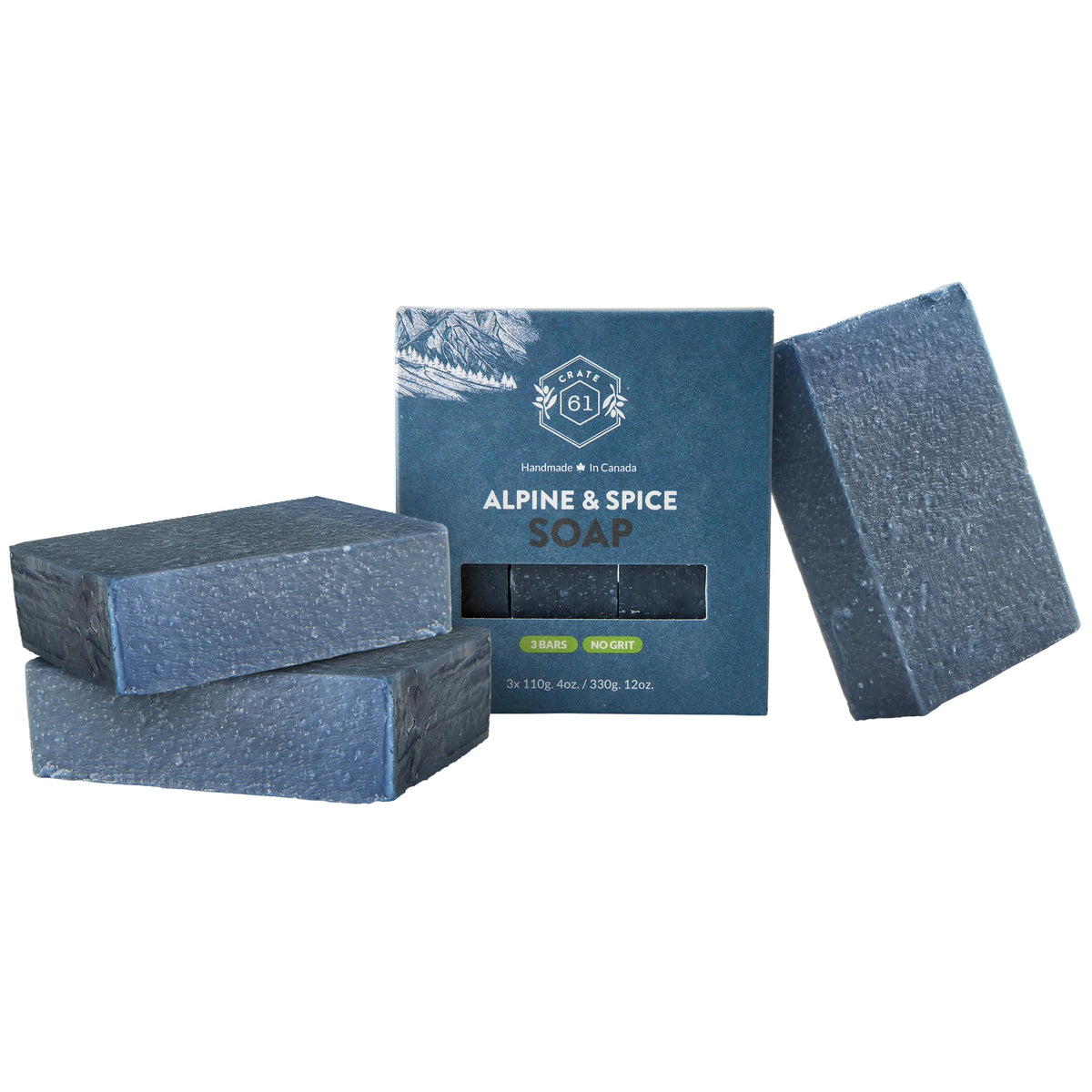 Crate 61 Organics front packaging showing three Alpine & Spice bars and benefits