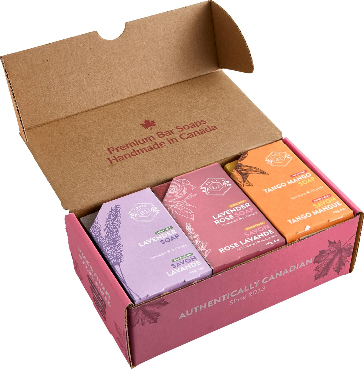 Crate 61 Organics close-up of soap bar texture and botanical swirls, highlights moisturization