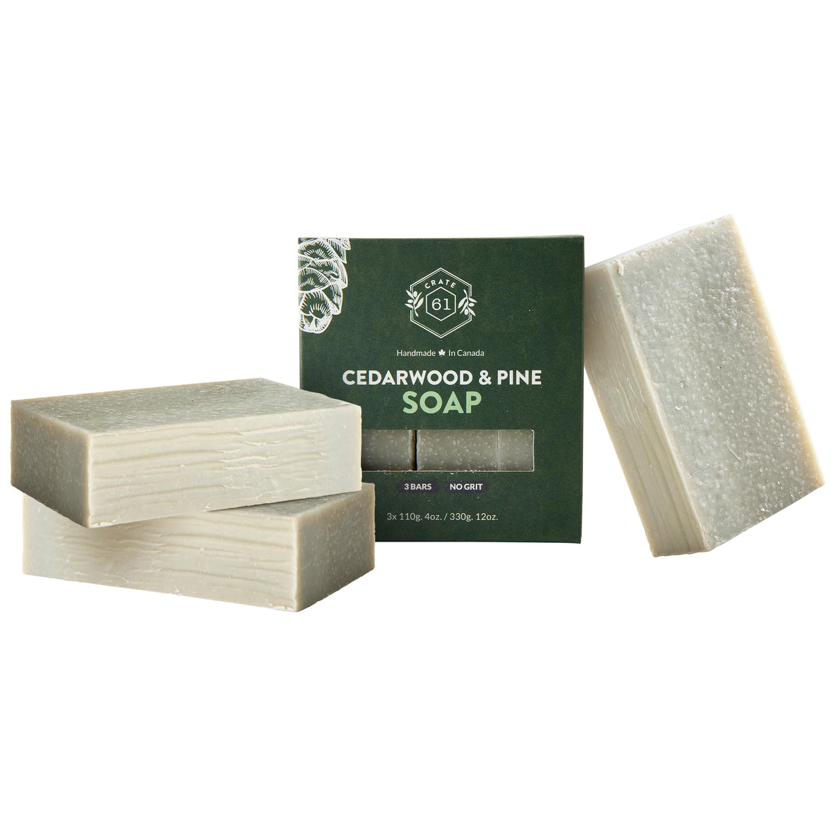 Crate 61 Organics front packaging showing cedarwood pine 3-pack and recycled kraft box benefit sustainable presentation