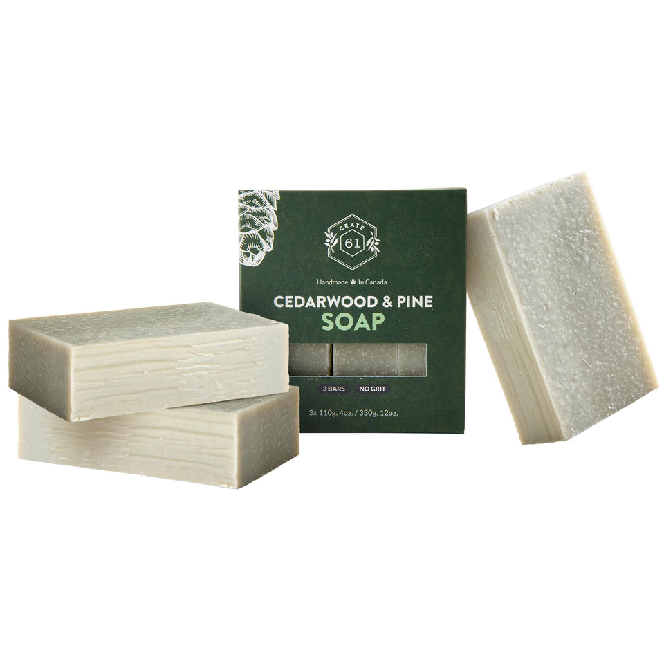 Crate 61 Organics front packaging showing cedarwood pine 3-pack and recycled kraft box benefit sustainable presentation
