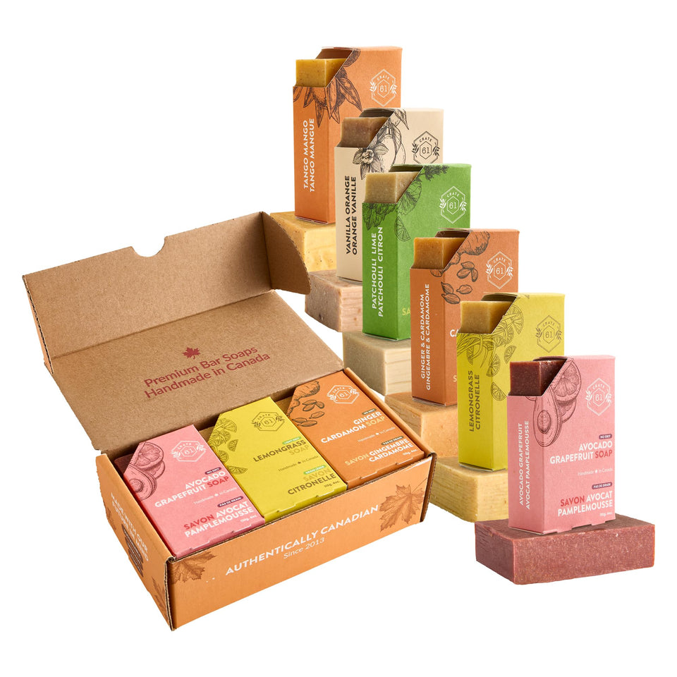 Crate 61 Organics front packaging showing six citrus soap bars and recyclable box benefit