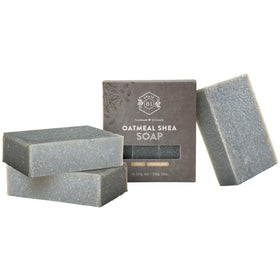 Crate 61 Organics front packaging showing three unscented oatmeal shea bars and eco kraft box