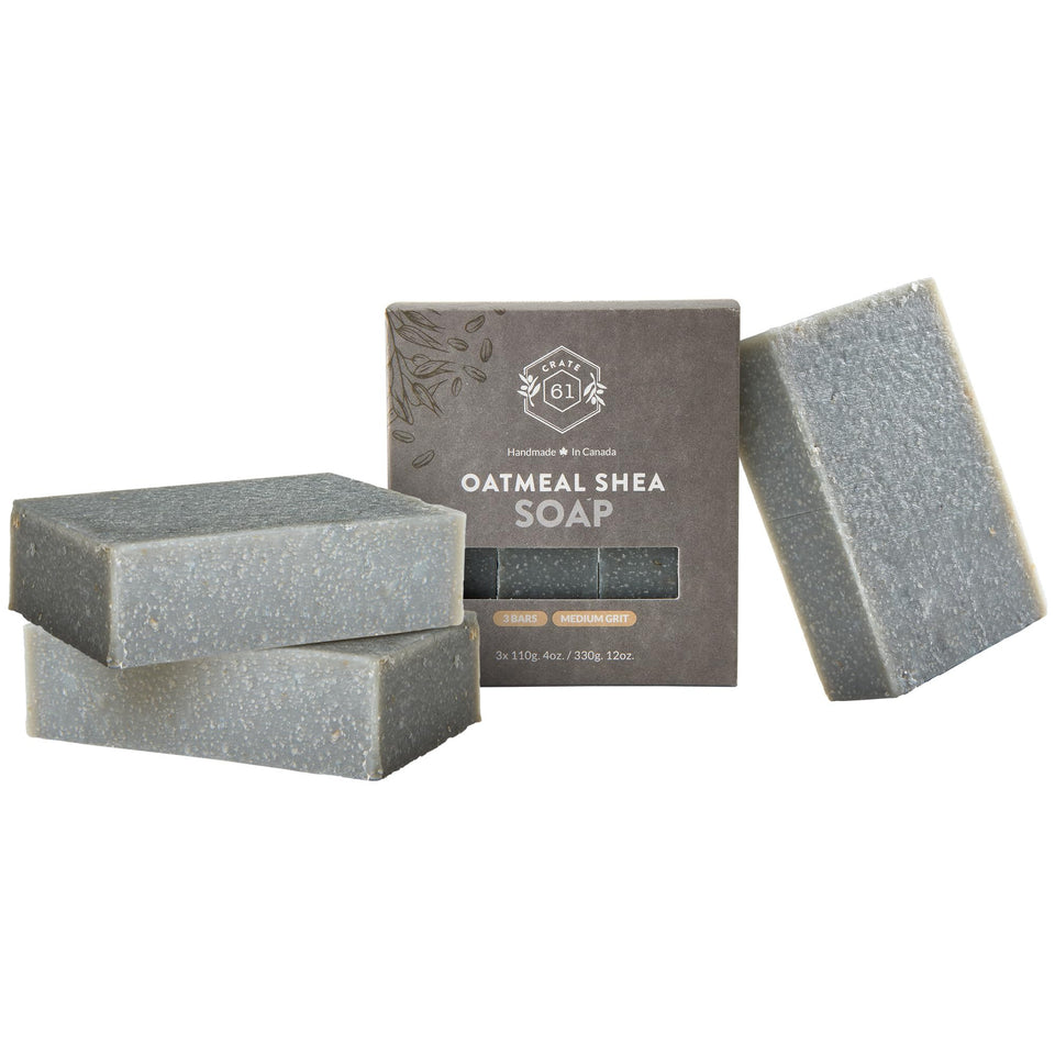 Crate 61 Organics front packaging showing three unscented oatmeal shea bars and eco kraft box