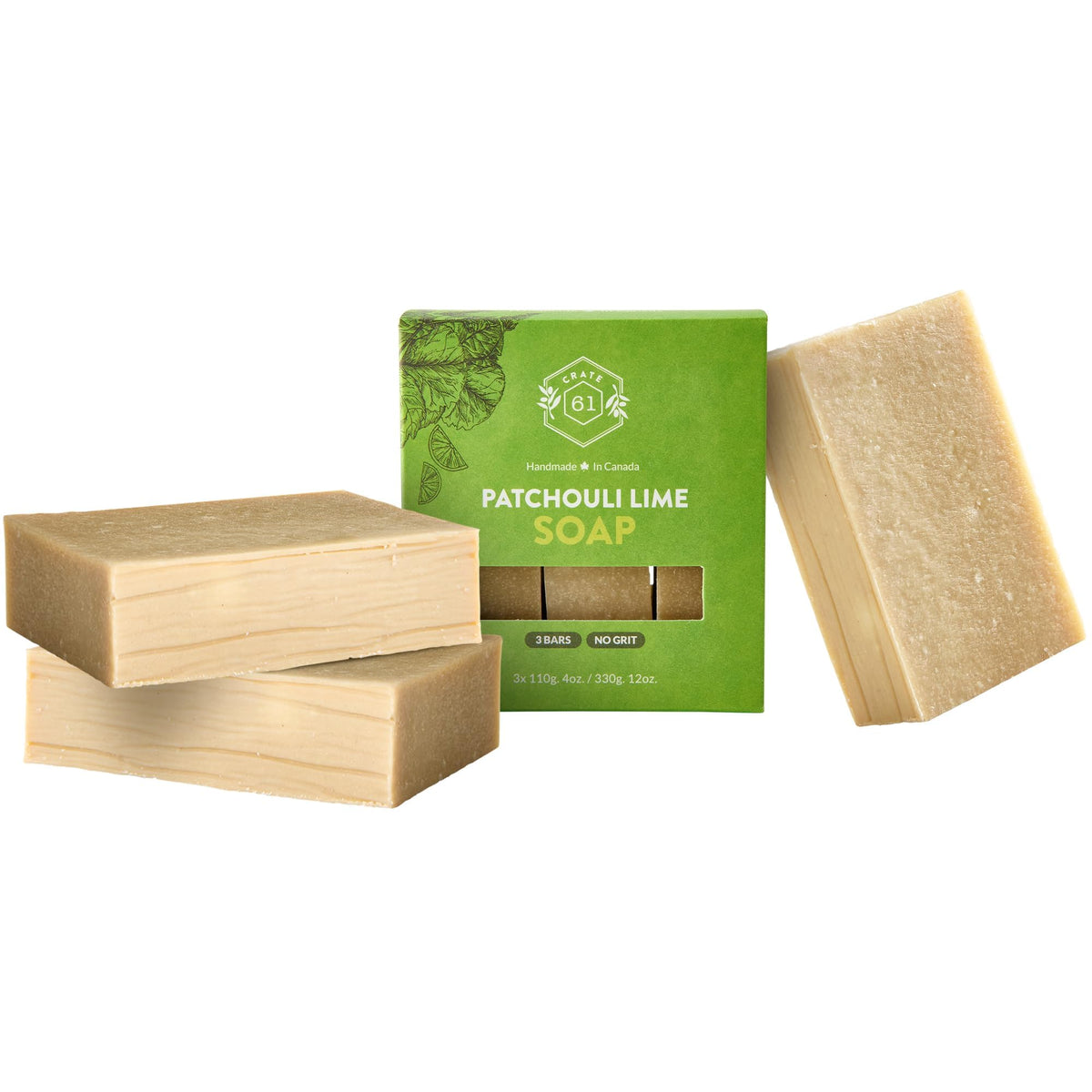 Crate 61 front packaging showing three Patchouli Lime bars and recyclable kraft box benefits