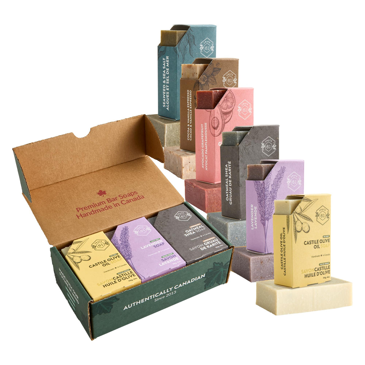 Crate 61 Organics front packaging showing six recycled paperboard bars and benefits
