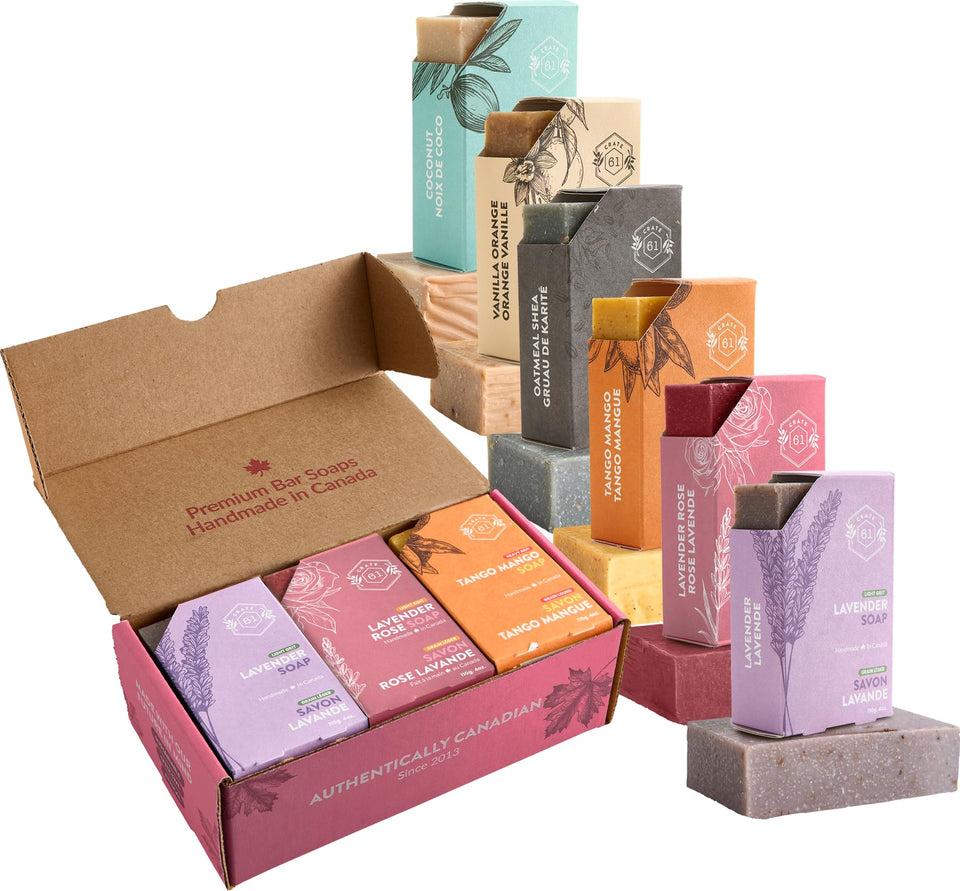 Crate 61 Organics front packaging showing six natural soap bars, sustainable gift appeal