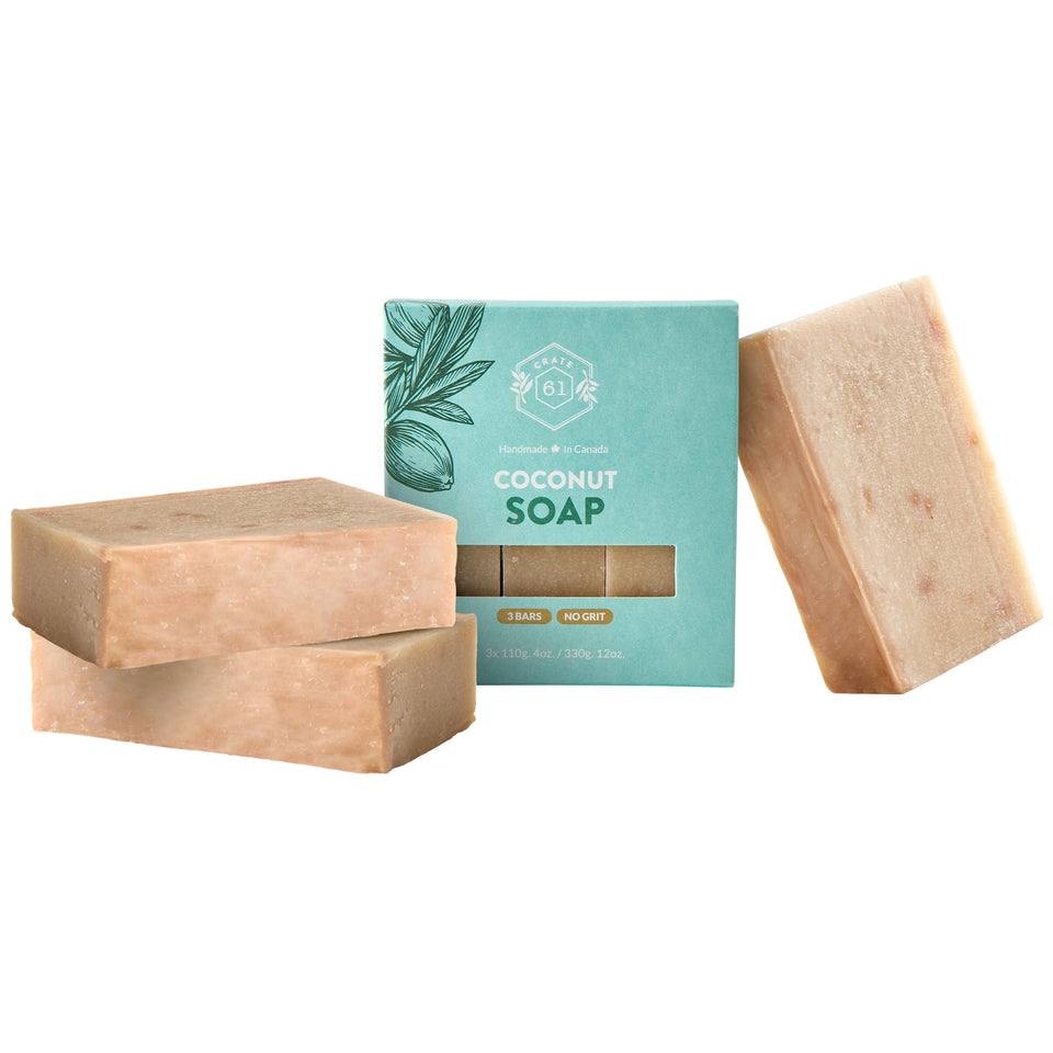 Crate 61 Organics front packaging showing coconut soap benefits