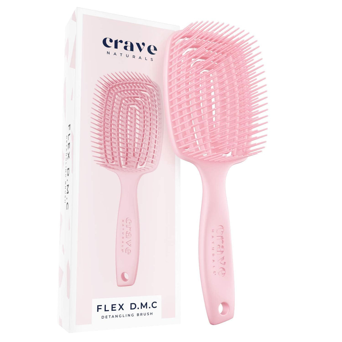 Crave Naturals front view of pink FLEX DMC brush showing paddle and bristles, easier detangling