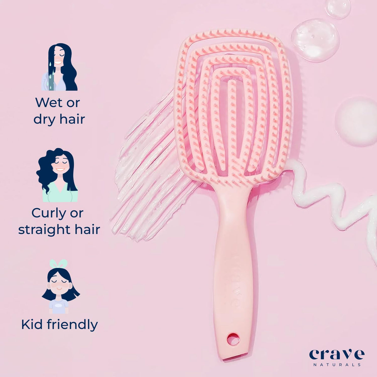 Crave Naturals brush being used on wet hair showing smooth glide and reduced tugging