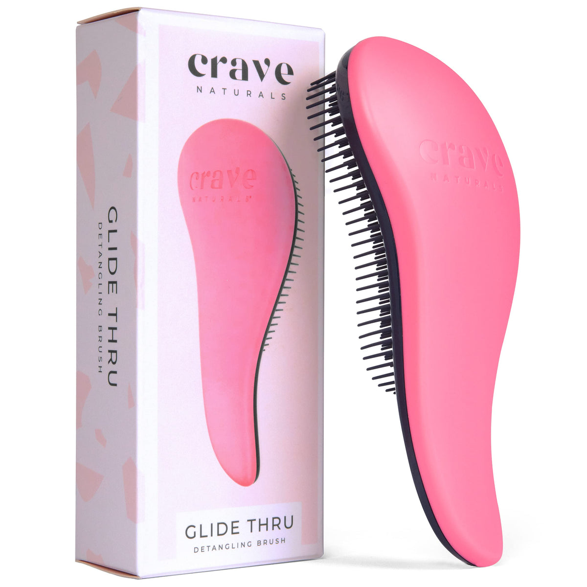 Crave Naturals front view of pink detangler brush shows compact shape and easy grip